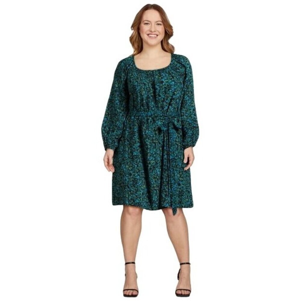 Terra & Sky Dress Knee Length Shirred Floral Belted with POCKETS 3X